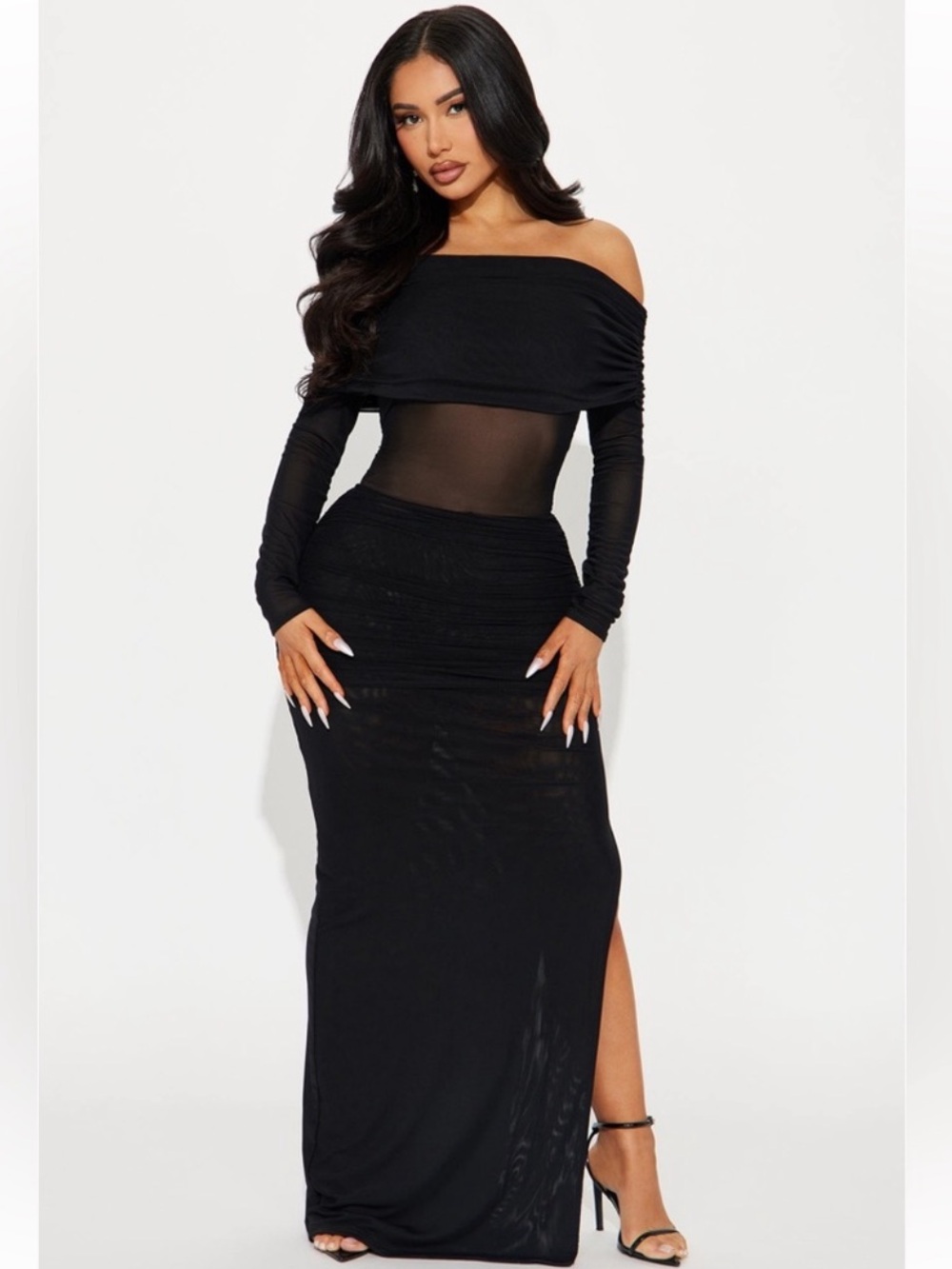 Fashion Nova Black Off-Shoulder Mesh Maxi Dress
